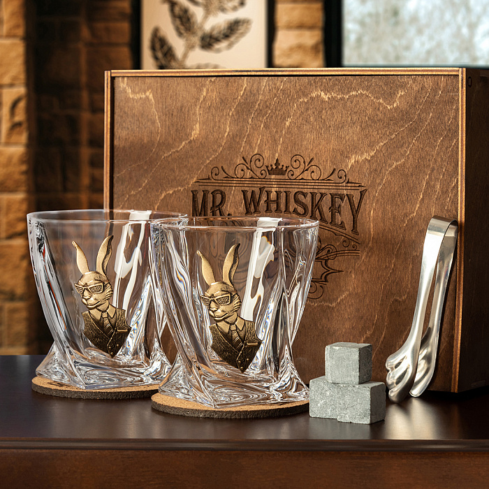 Набор из 2х бокалов для виски Квадро с накладкой "Заяц", упаковка Mr Whiskey 13000125